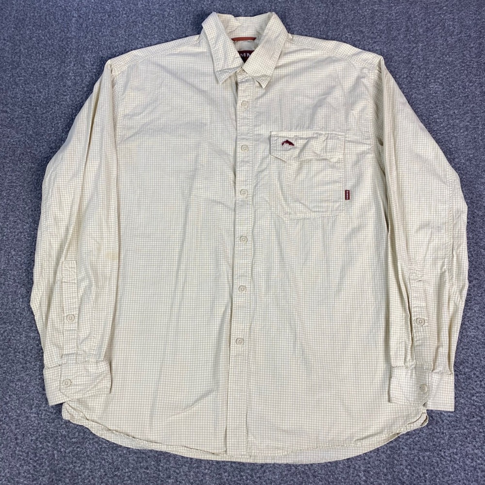 Simms‎ Mens Shirt L Tan Micro Check COR3 Fishing Button Down 26054 Outdoor